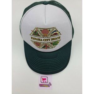 Vintage 80s Panama City Beach Green & White Snapback Mesh Hat Florida CLEAN!